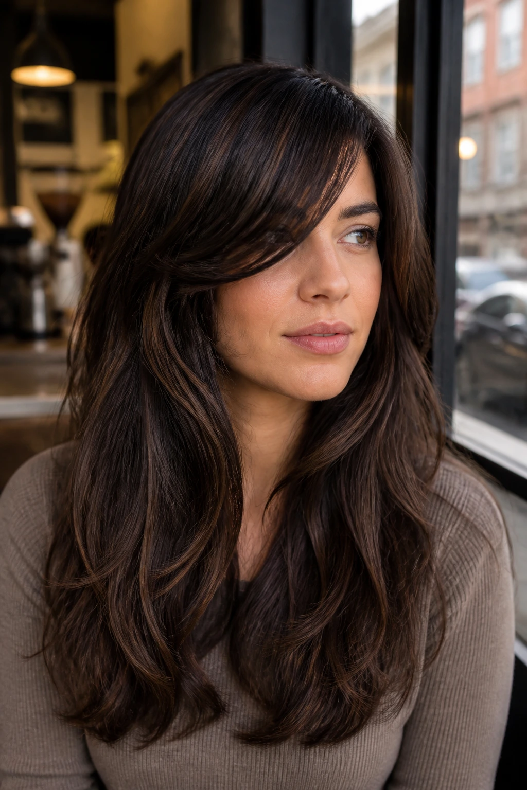 Medium close-up of thick-haired woman with bottleneck sweep fringe in cafe window light.