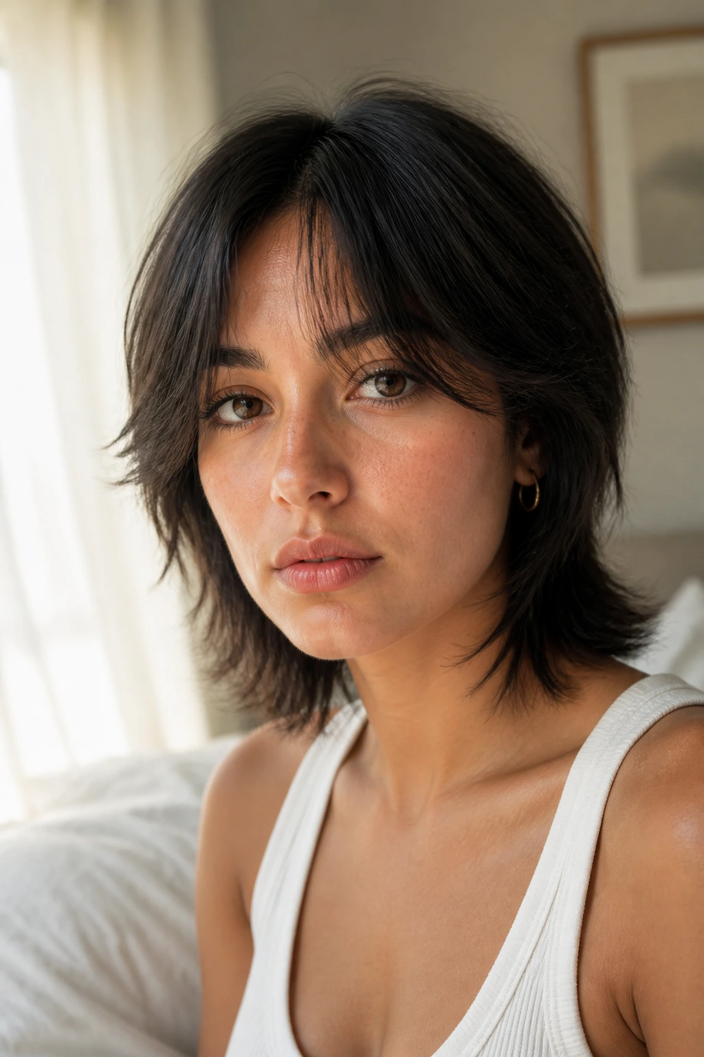 Close-up portrait of a real woman with bottleneck bangs and feathered ends.