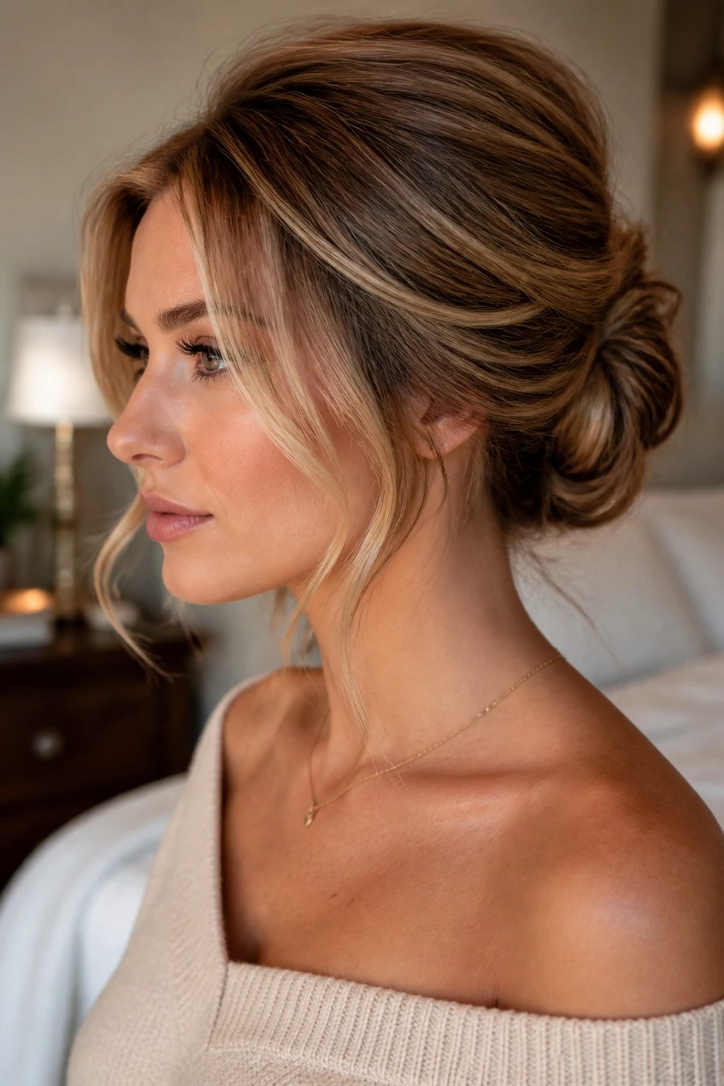 Close-up of a real woman wearing a soft bouffant bun with crown lift