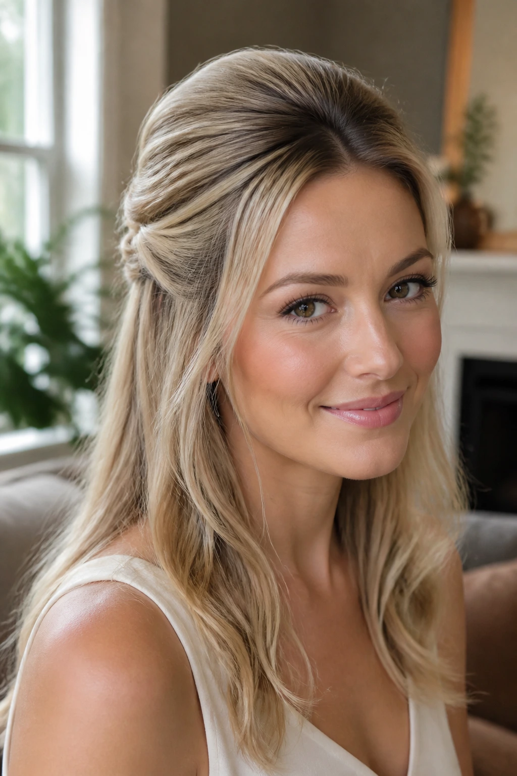 Portrait of a real woman with a subtle bouffant crown and half-up twist in natural light