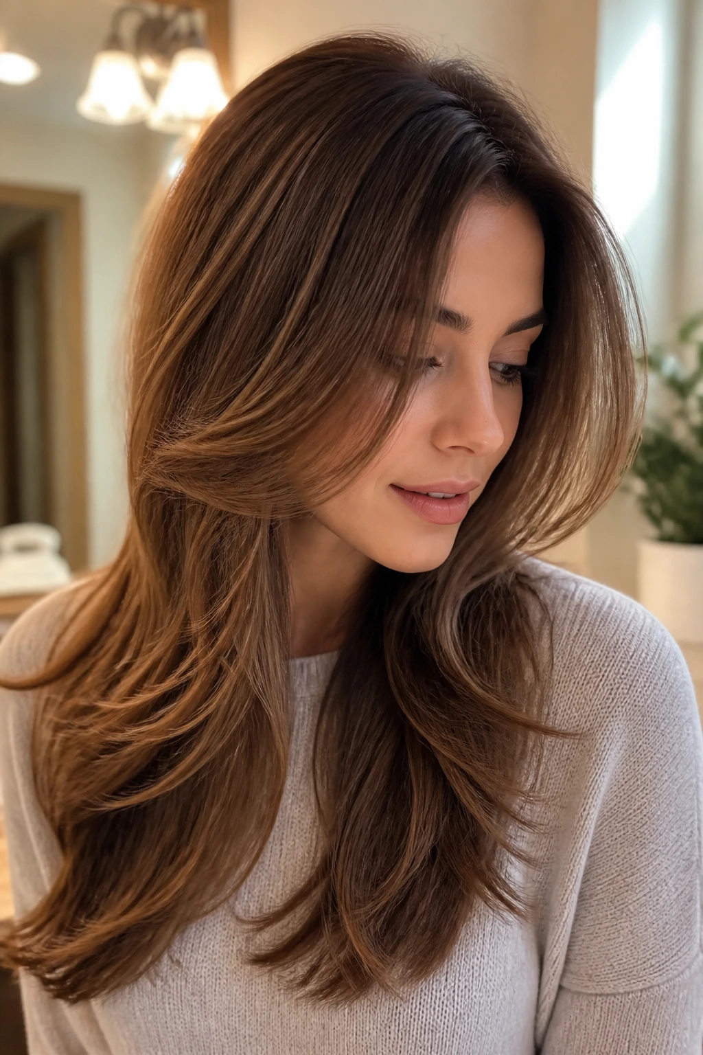 Close-up portrait of a real woman with bounce layers around the face for springy movement.