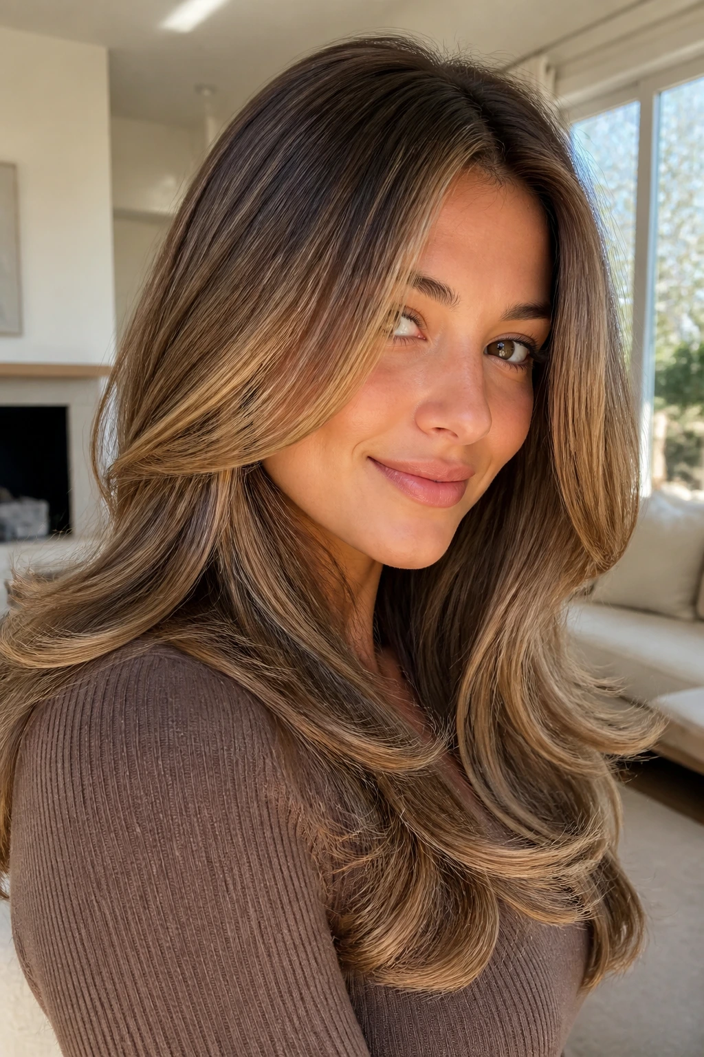 Close-up of a real woman with bouncy layered hair and fine babylights under warm daylight