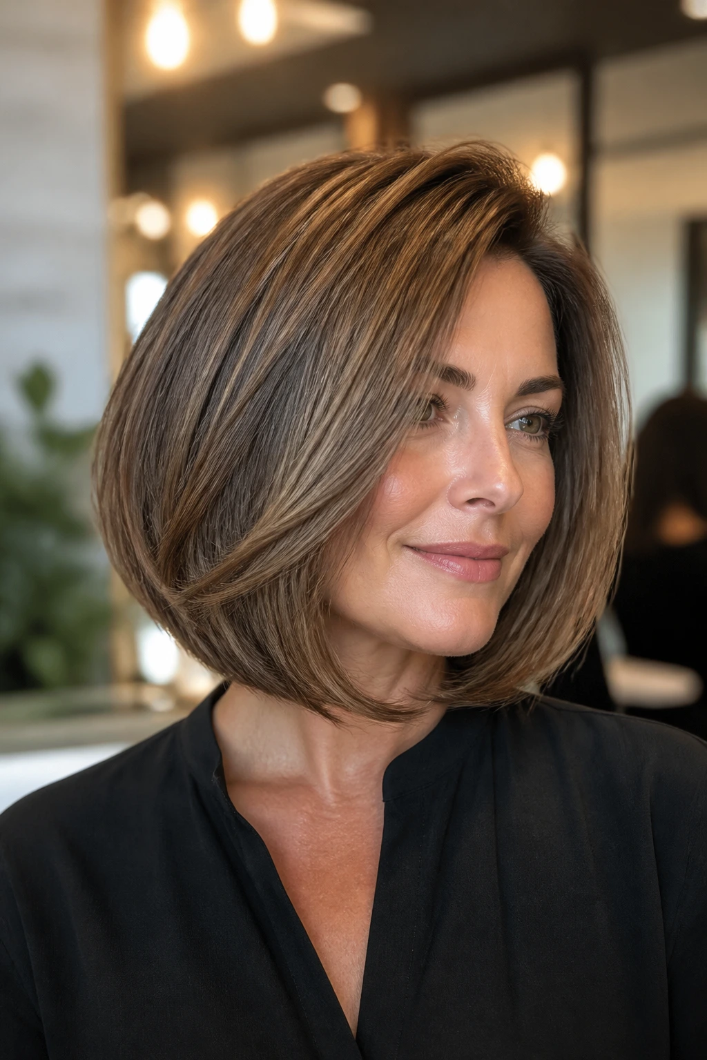 Close-up portrait of a real woman with a bouncy blowout A-line bob in a modern salon