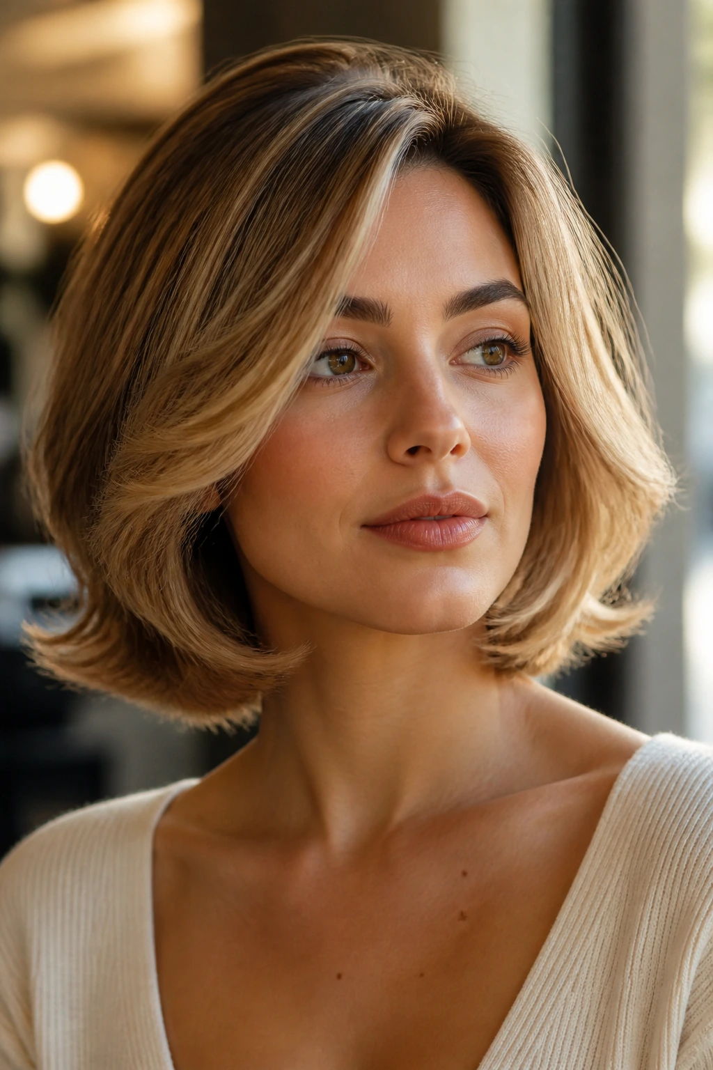 Close-up portrait of a real woman with a bouncy blowout bob, crown lift and flipped ends.