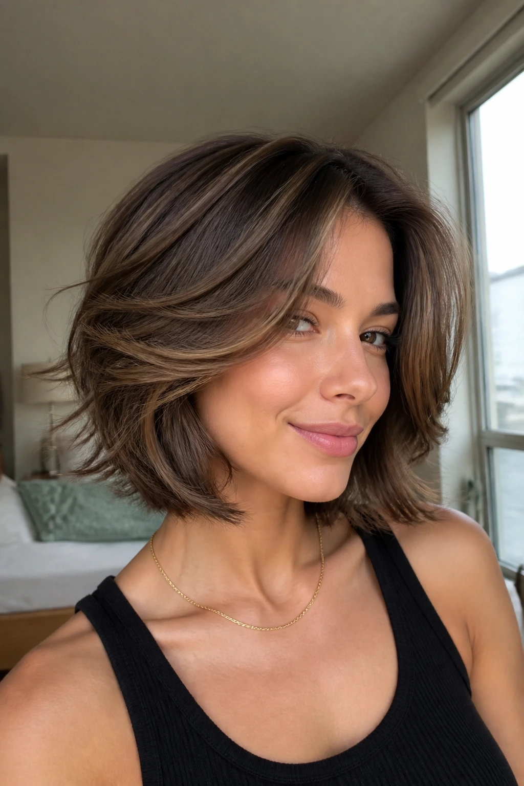 Bouncy blowout layers close-up showing cheek-to-jaw lift and front swing