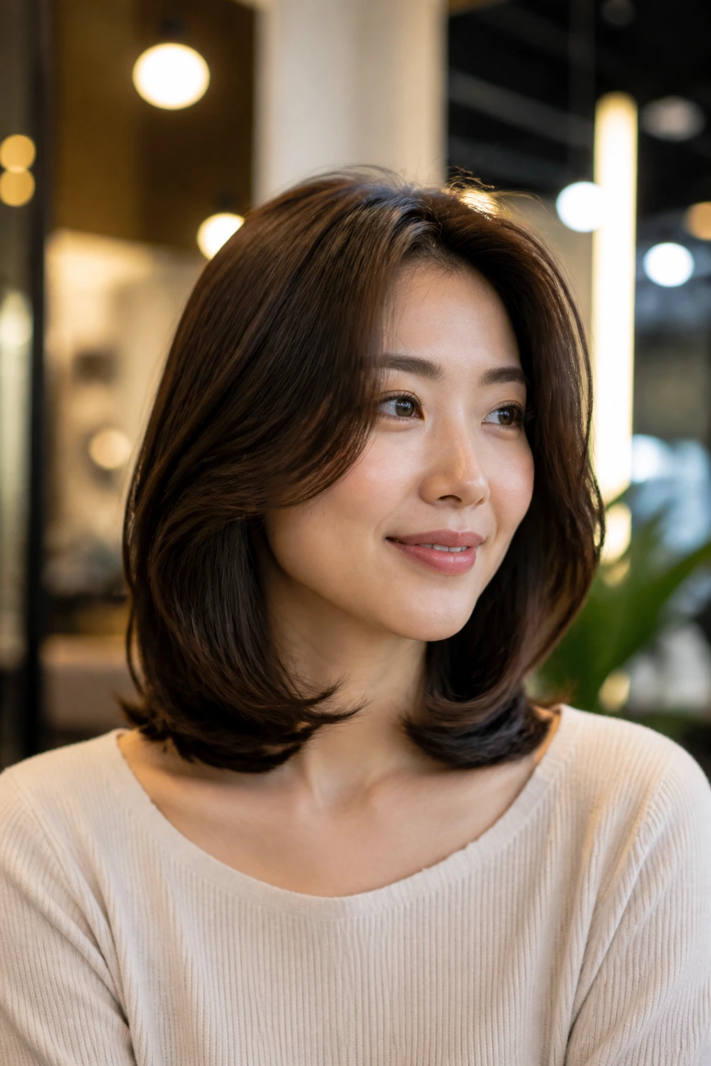 Close-up of a real woman with a bouncy blowout lob and lifted crown.