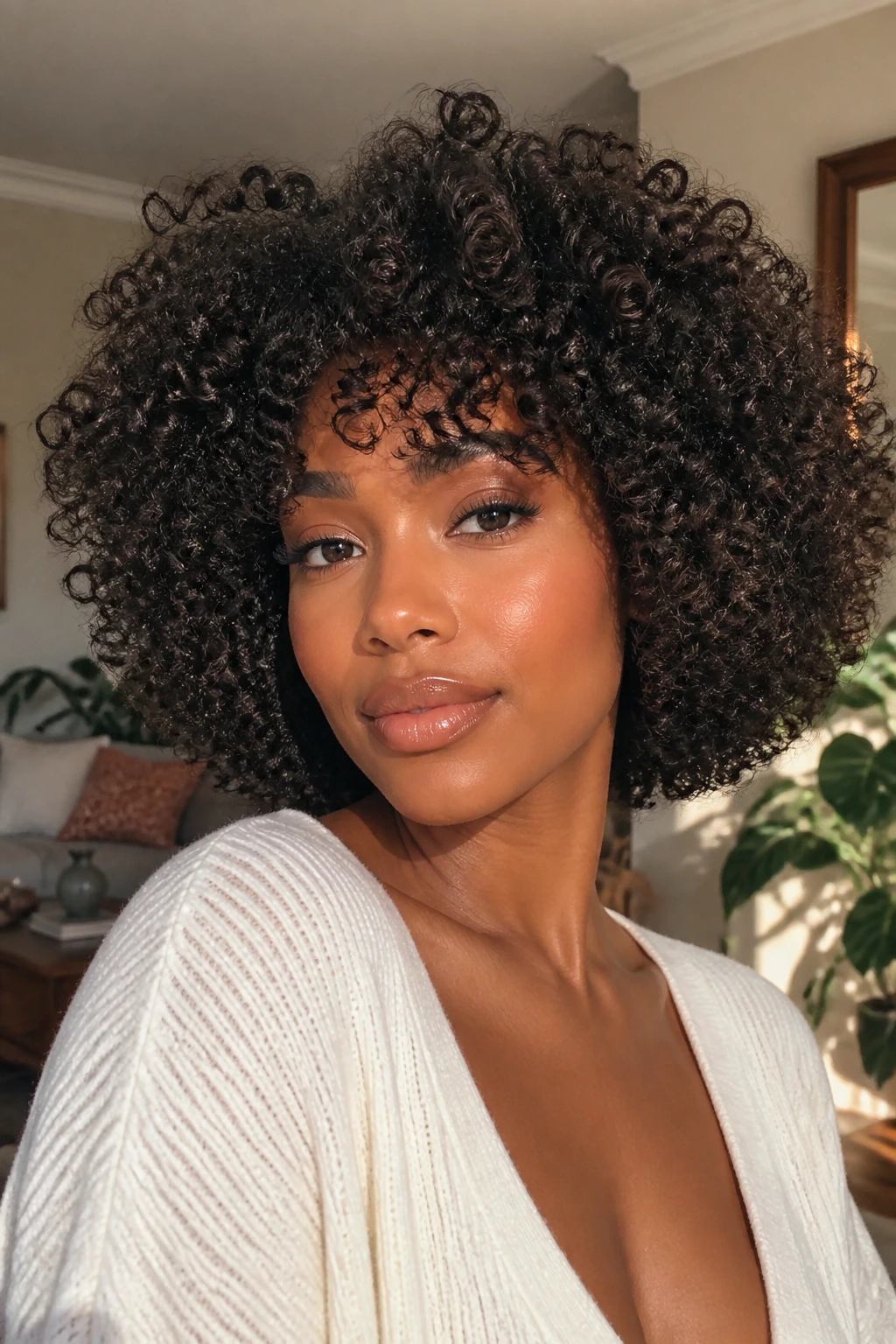 Close-up of real woman with a bouncy curly bob in a sunlit living room