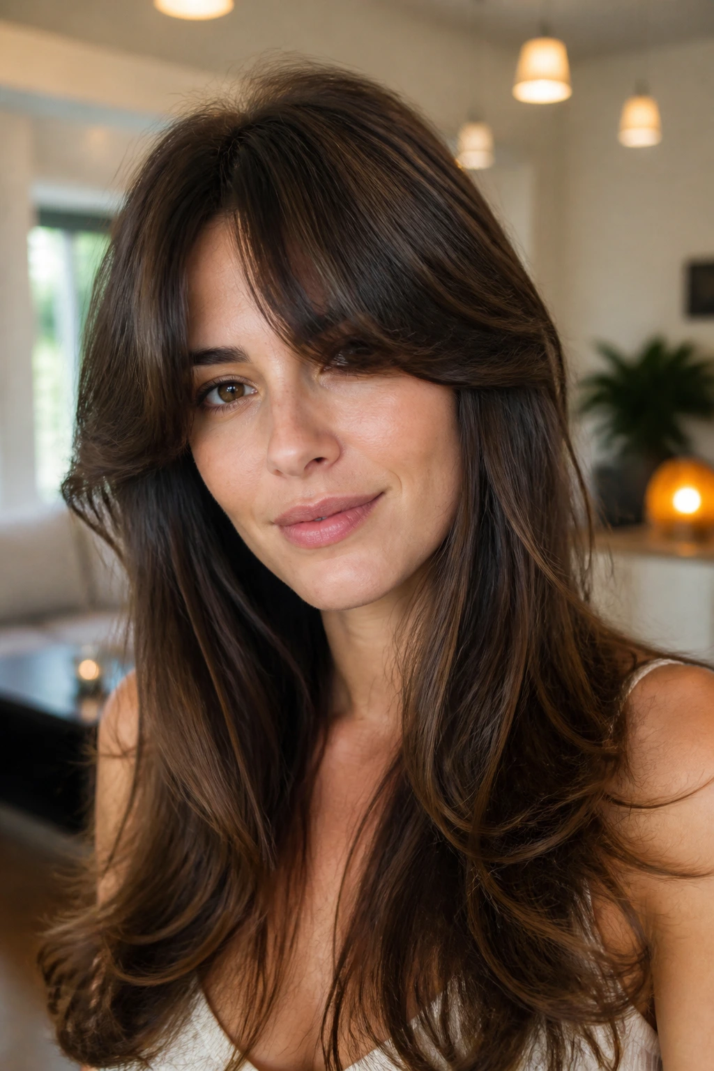 Portrait of a woman with bouncy crescent bangs and lifted crown