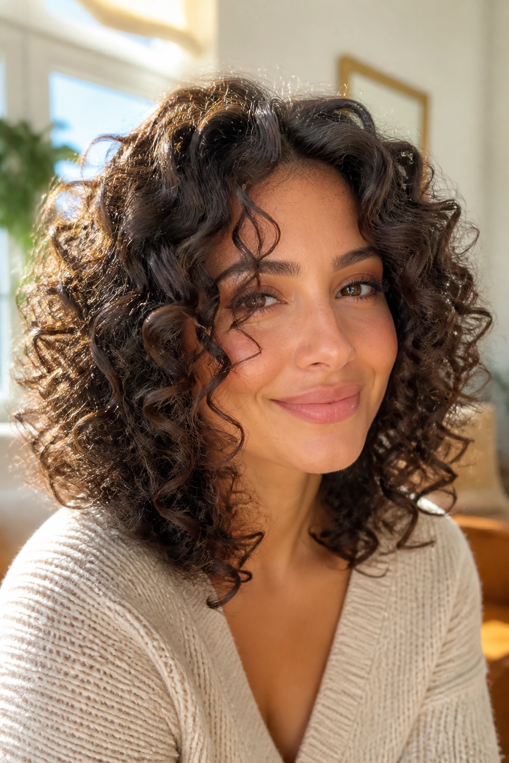 Close-up portrait of a woman with chin-length curl framing in a sunlit room