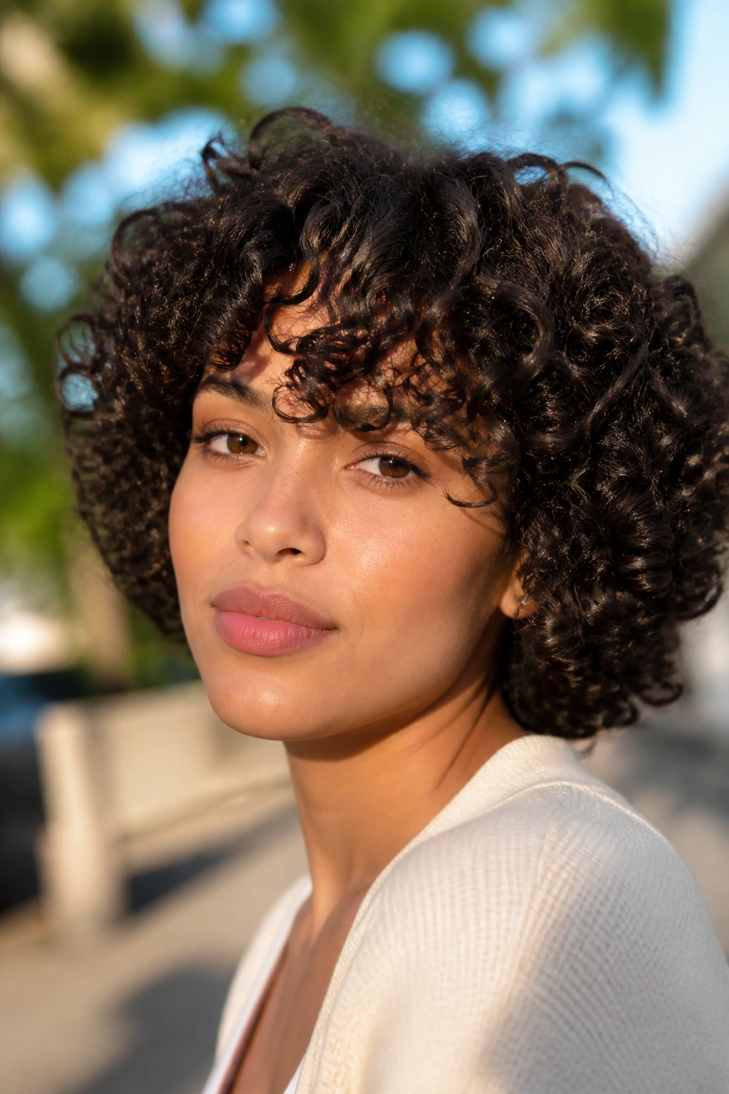 Close-up of real woman wearing bouncy curly wig with curly fringe