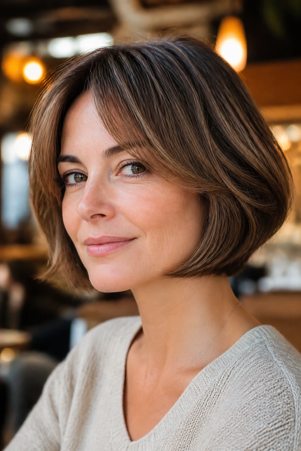 Close-up portrait of a real woman with a bouncy layered bob