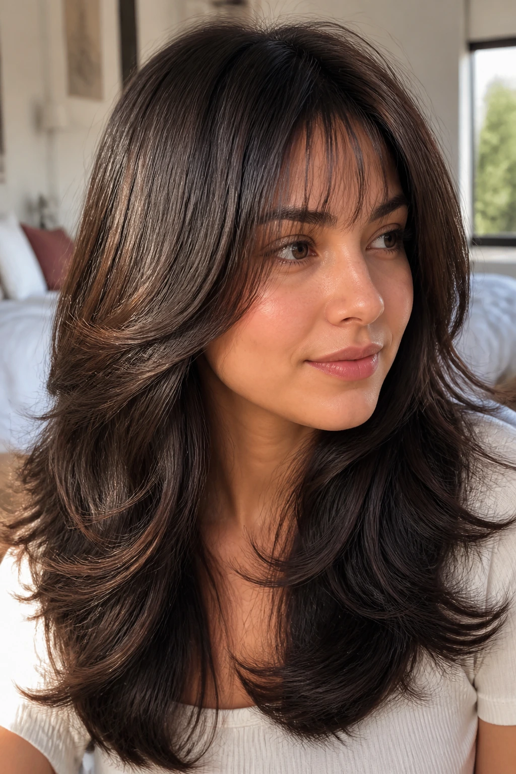 Close-up portrait of a real woman with soft baby bangs and bouncy layered thick hair