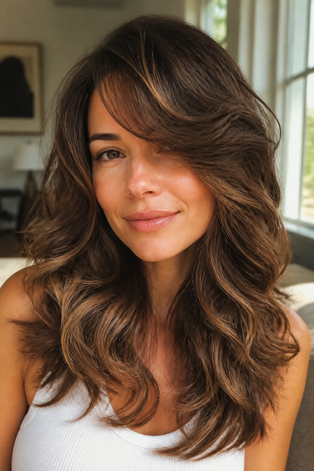 Close-up portrait of a real woman with bouncy waves and side swept bangs