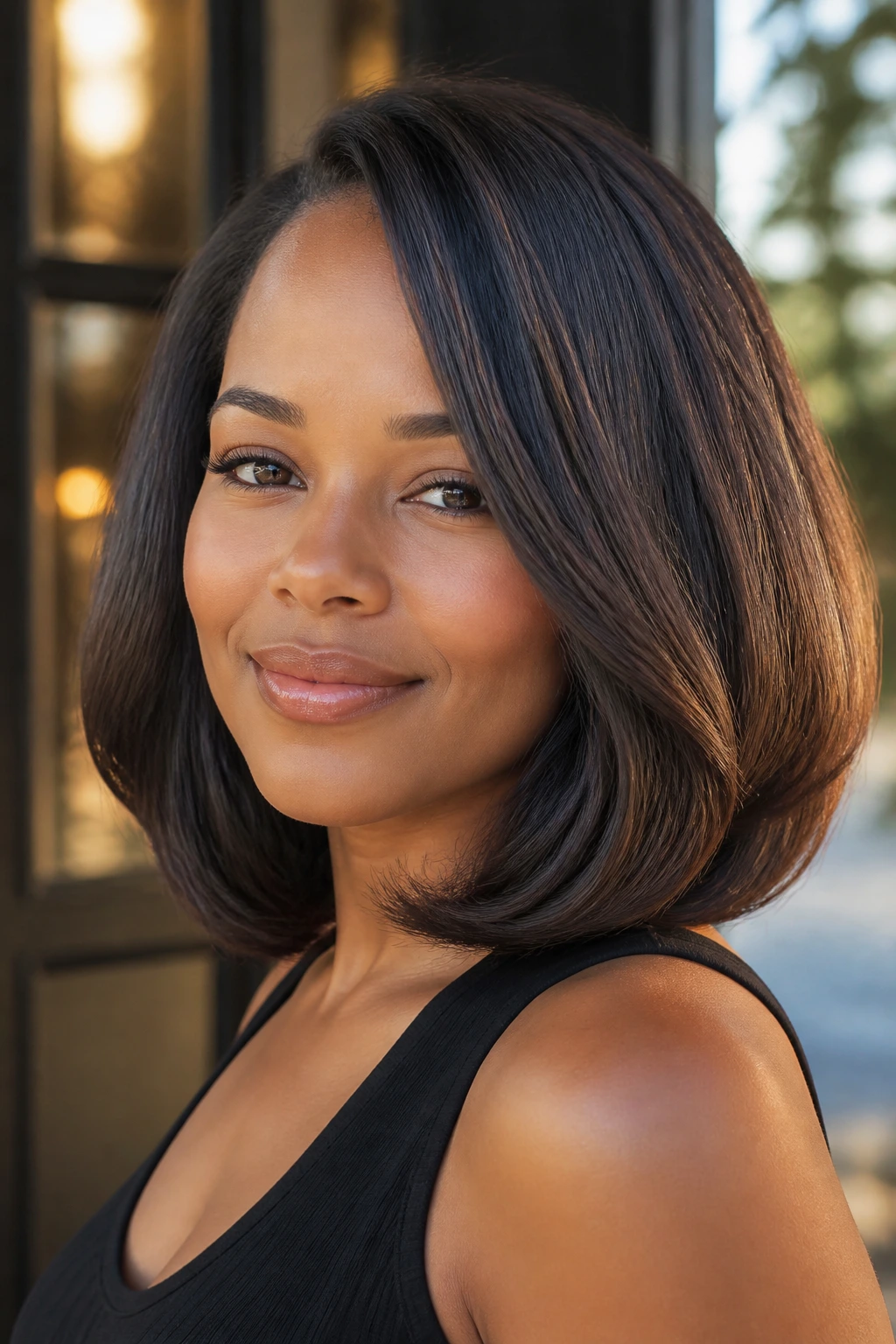 Close-up of a real woman with a bouncy lob and rounded ends in natural light