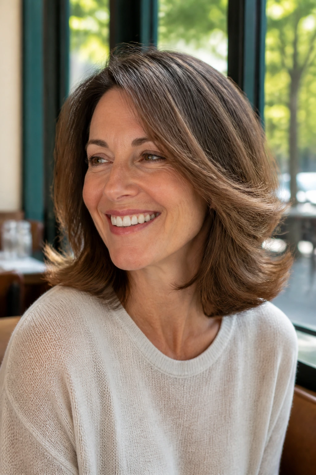 Real woman with a bouncy mid-length cut and flipped ends