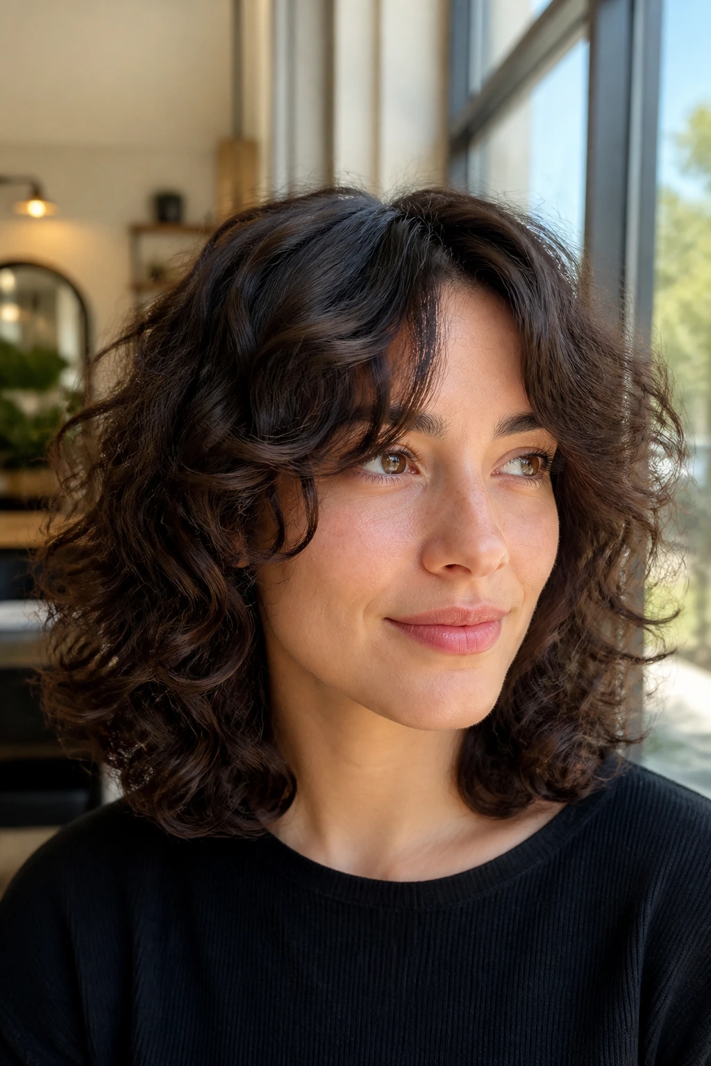 Close-up portrait of a real woman with a bouncy midi curly cut and cheekbone layers.