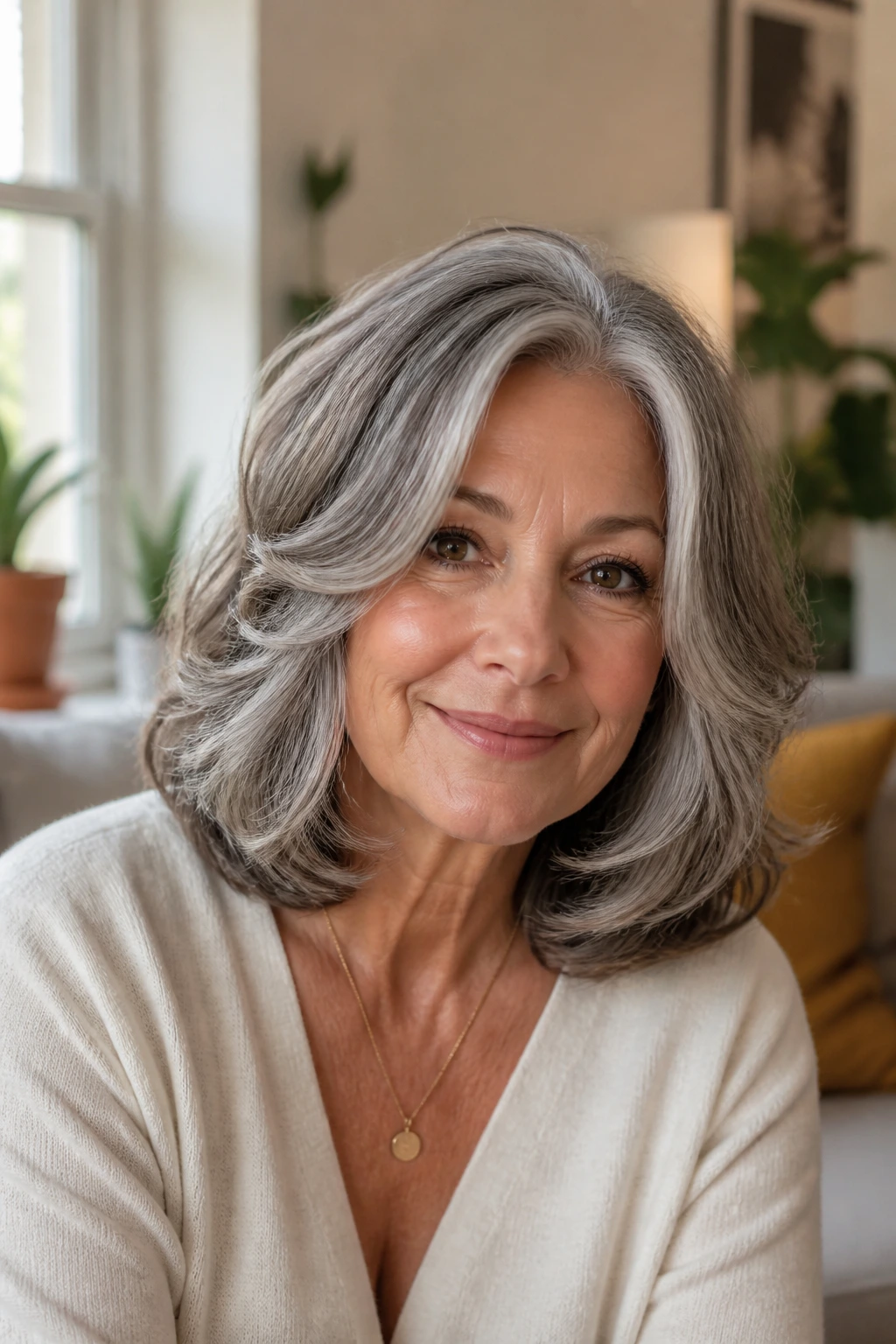 Close-up of an older woman with a bouncy midi cut and face-framing ribbons in warm natural light.