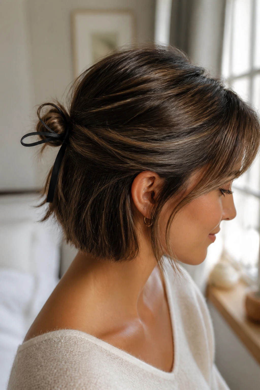 Close-up of a bow-back bun created with a slim ribbon at the back of the head