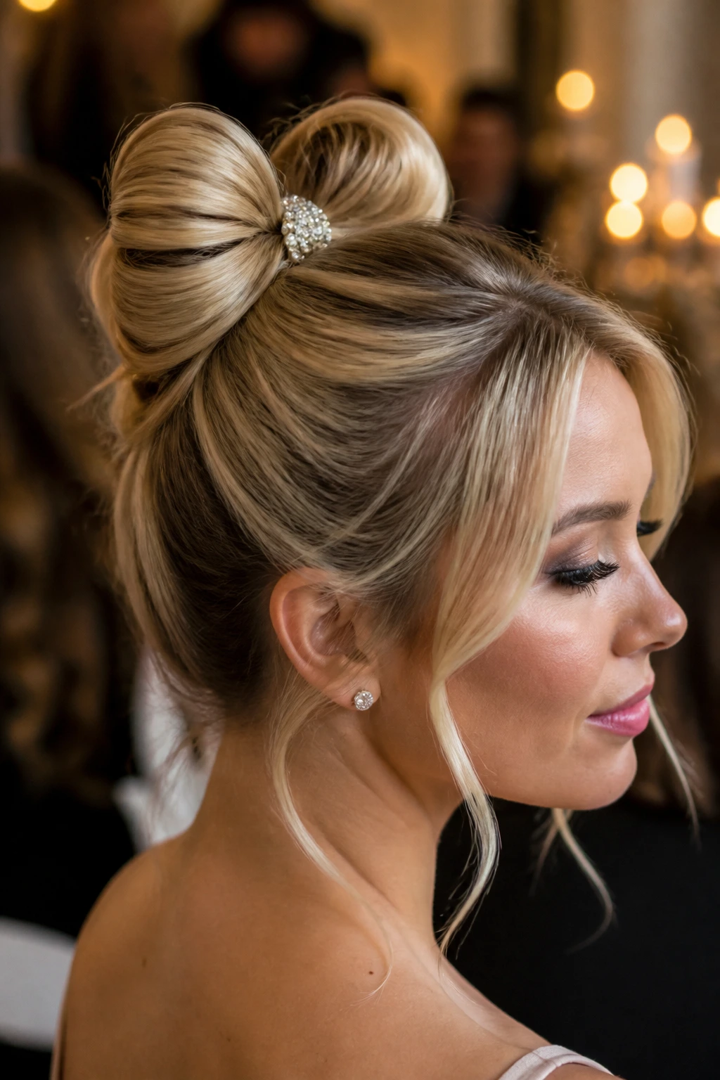 Close-up of a real woman with bow bun and sparkly clip, blonde money pieces.