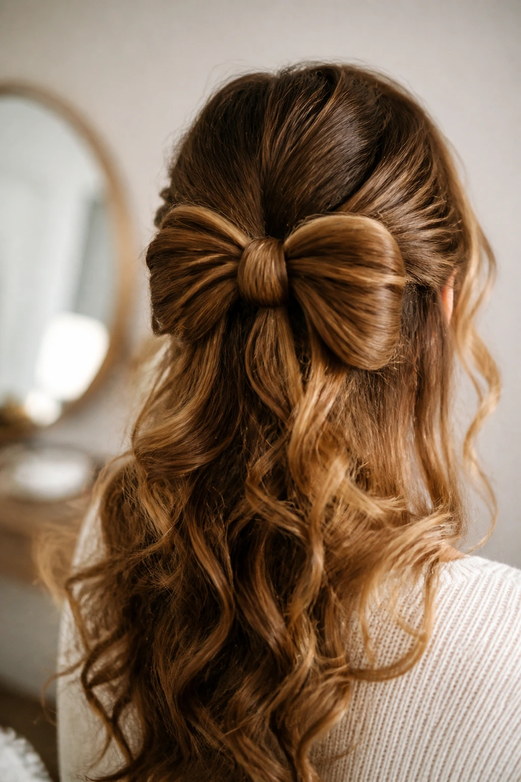 Close-up of a real woman with a bow-shaped half-up hairstyle and loose curls.