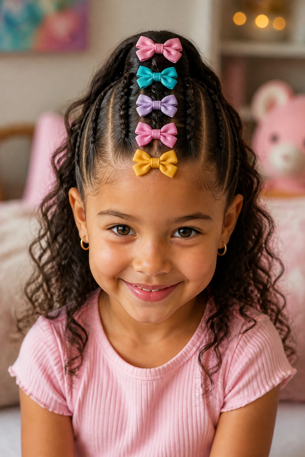 Close-up of a real girl wearing a bow-stacked hawk hairstyle with small bows along the braid.