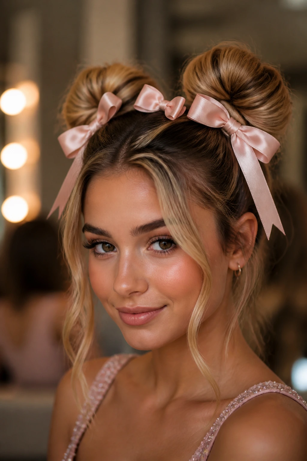 Close-up of a real woman with bow-wrapped double buns and satin bows framing the face