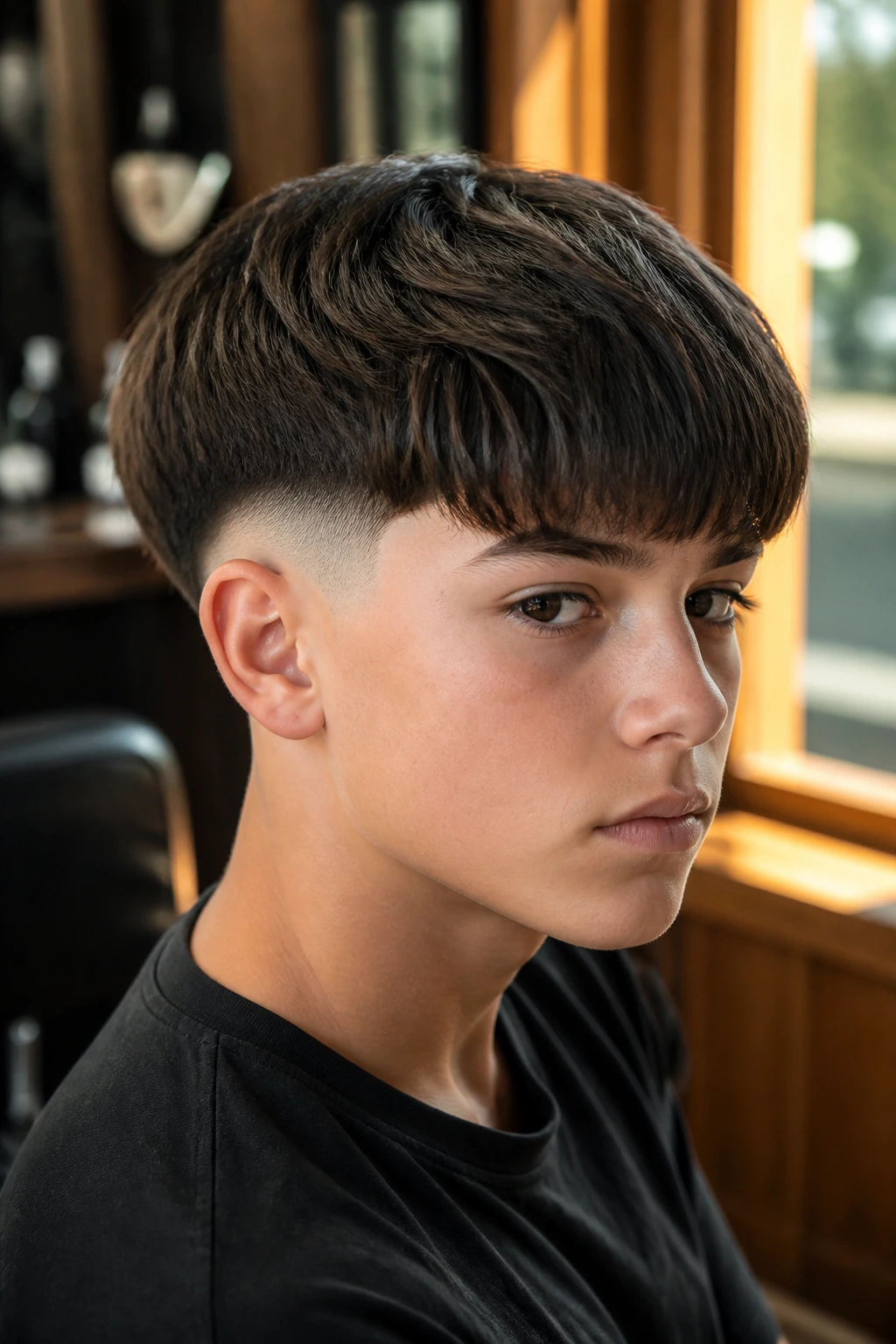 Close-up portrait of a real boy with a bowl-crop undercut featuring a rounded top and tight sides