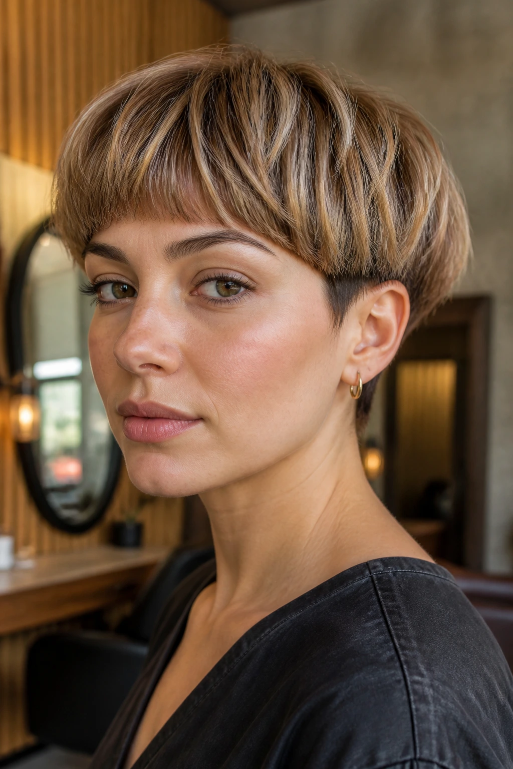 Close-up portrait of a real person with choppy bowl cut and sand-colored babylights in warm salon light