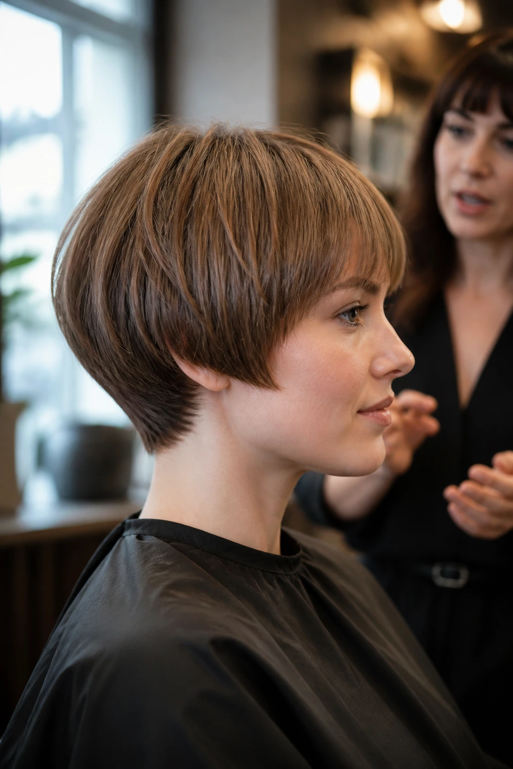 Close-up portrait of a client in a salon chair during haircut consultation about bowl cut curve placement