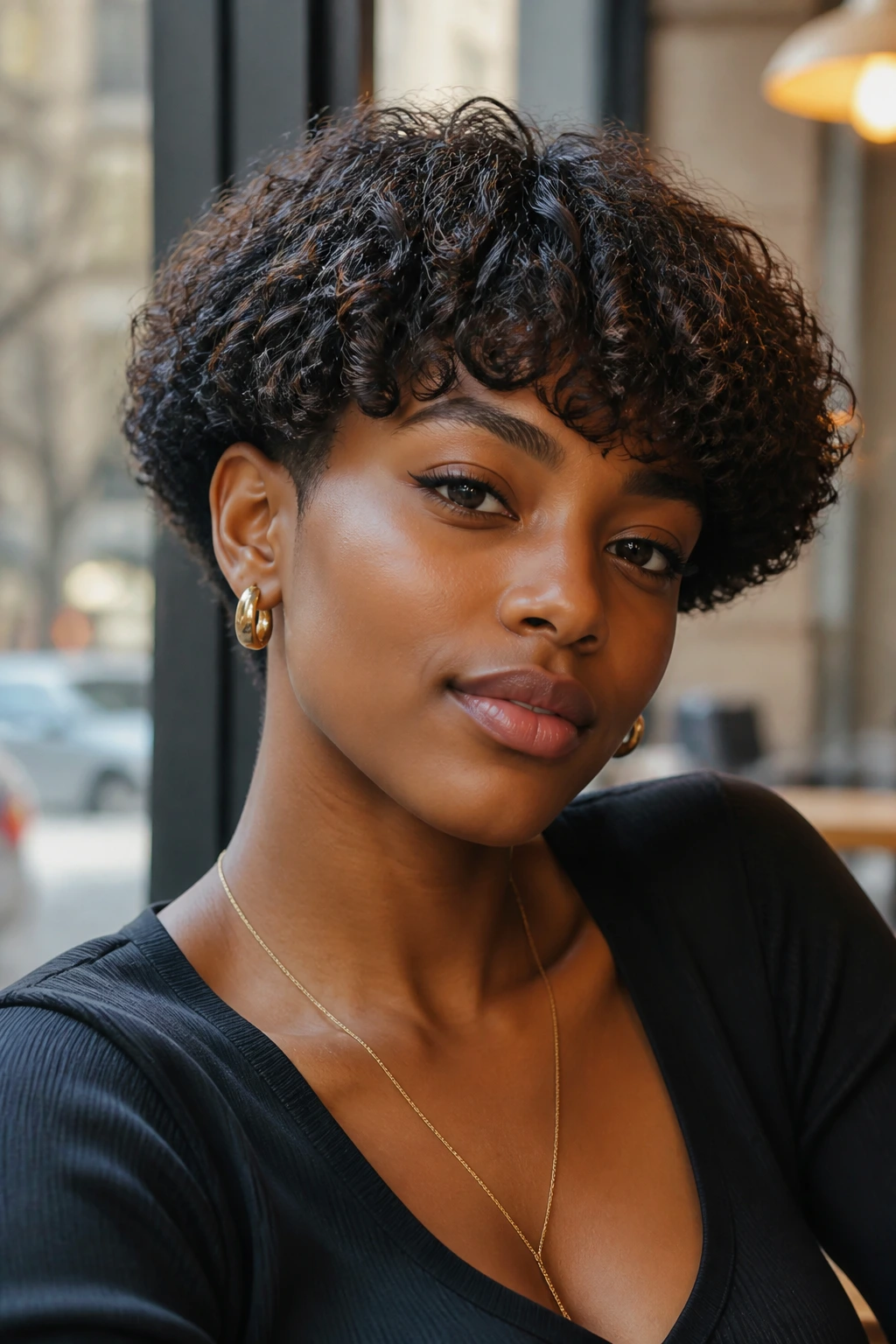Close-up of a real Black person with a curly modern bowl-cut and asymmetrical fringe