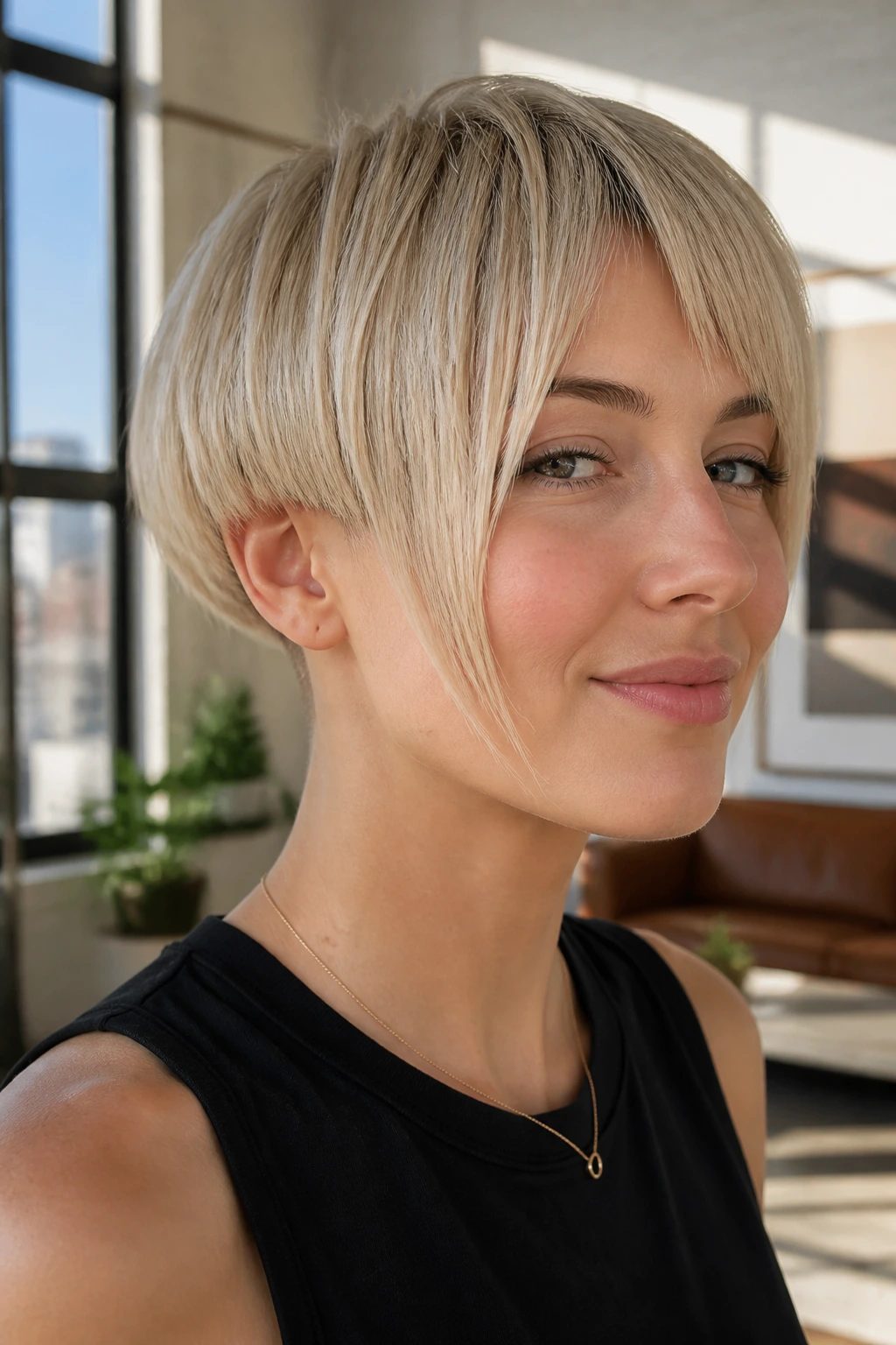 Close-up of a real woman with a modern bowl cut featuring longer front pieces