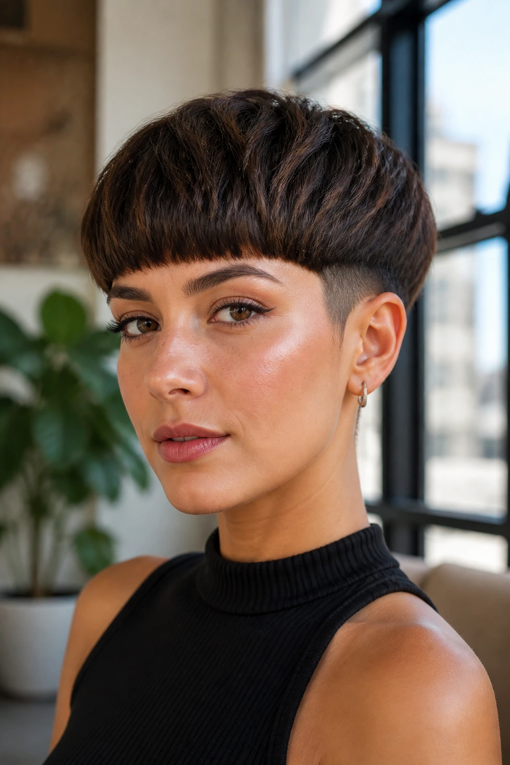 Real woman with bowl-cut pixie hybrid showing crisp rounded silhouette