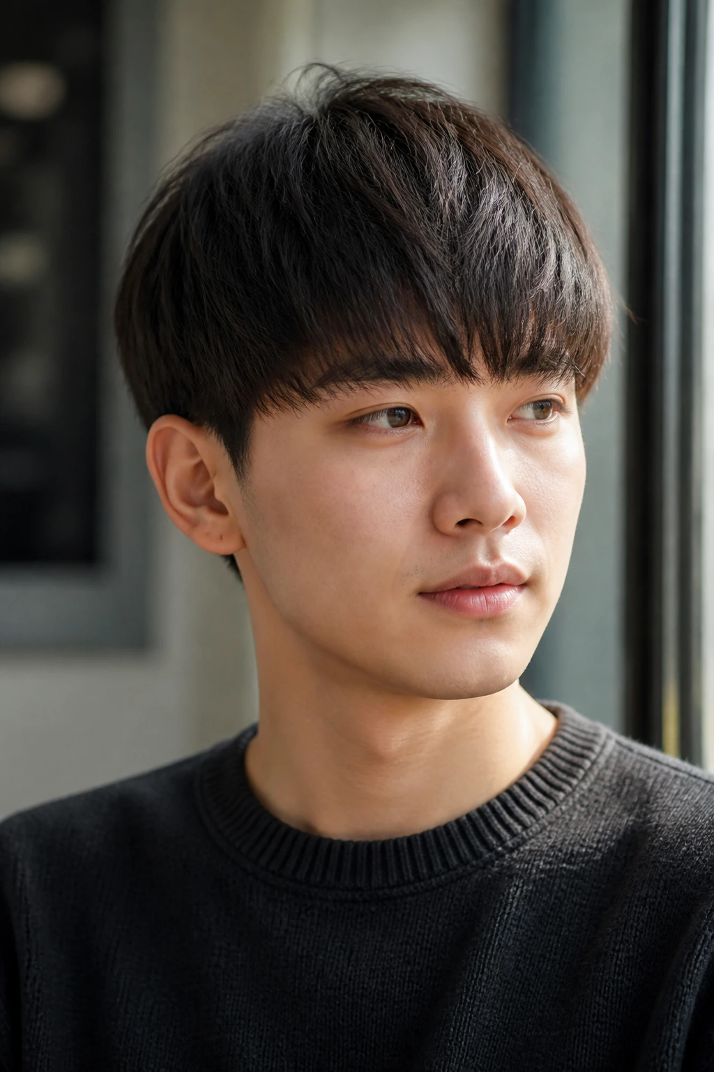 Portrait of a person with a bowl haircut showing crown lift against window light