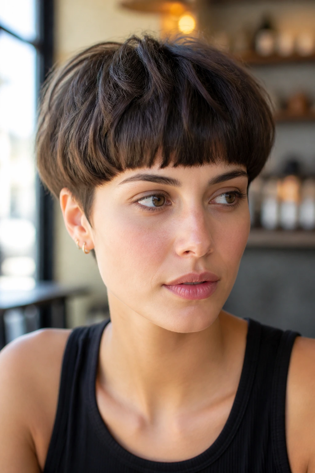 Close-up portrait of a real person with textured bowl cut in a bright cafe