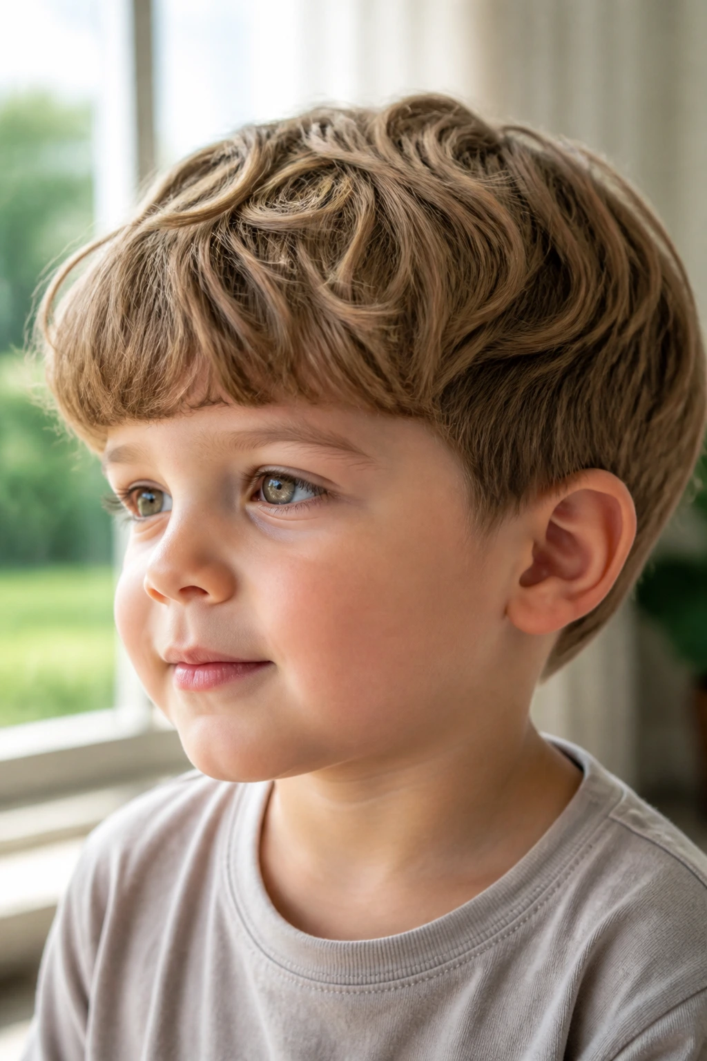 Toddler with softened bowl cut and textured waves in natural daylight