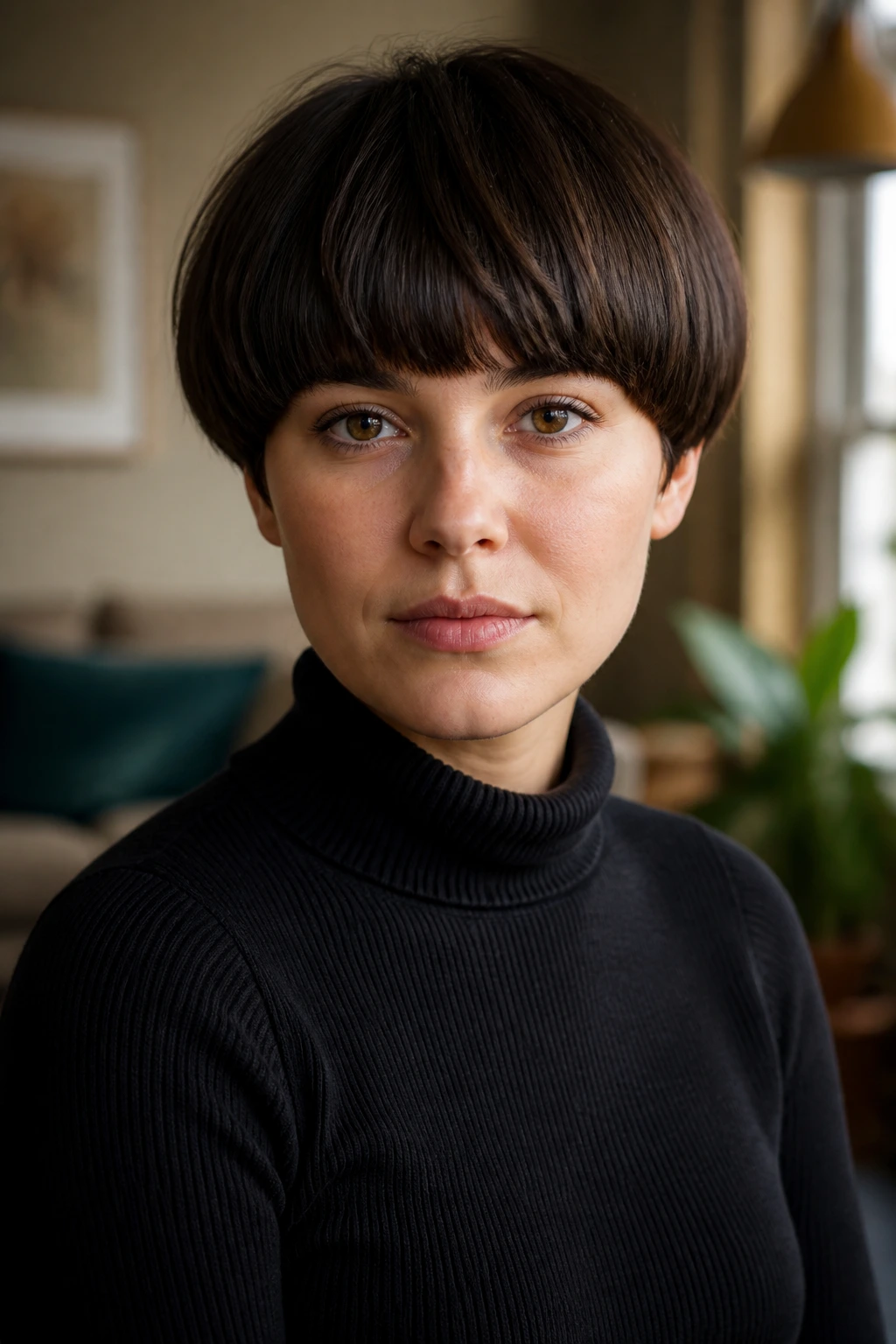 Close-up of a real woman with a classic bowl haircut in warm daylight
