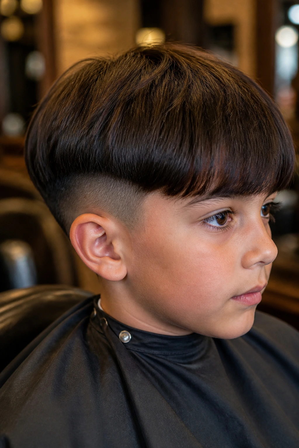 Close-up portrait of a real boy with a bowl-inspired bob and tight undercut, thick straight hair.