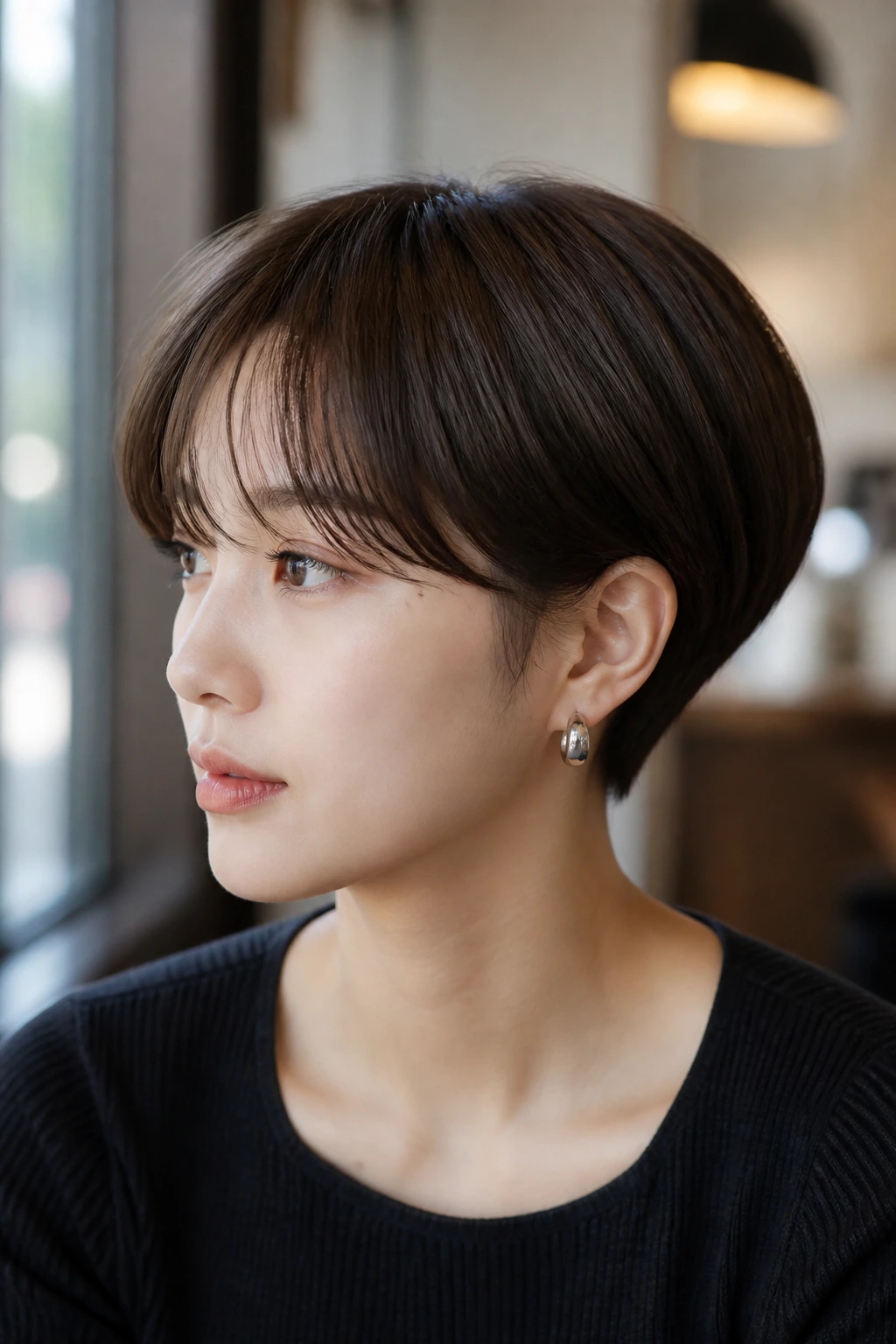 Portrait of a real person with rounded bowl-inspired pixie and see-through bangs