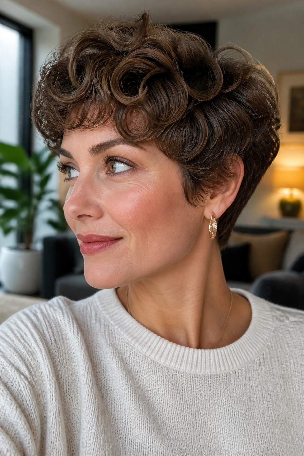 Portrait of real woman with bowl-shaped curly pixie and soft edge