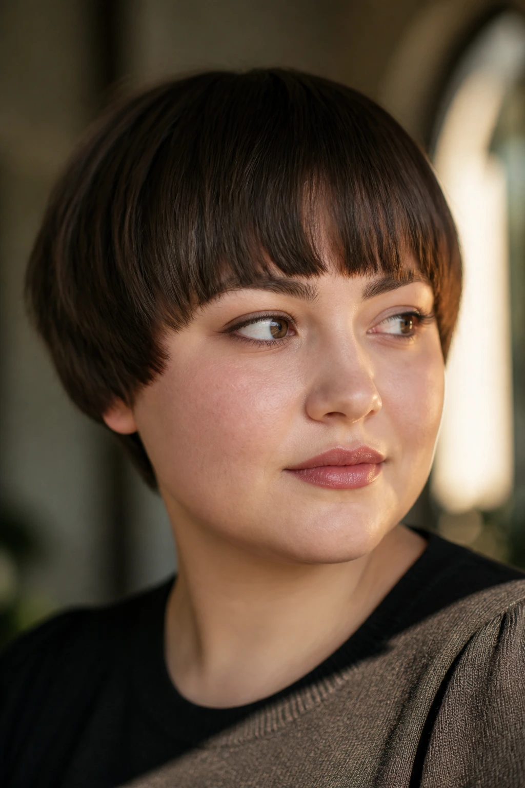 Portrait showing bowl haircut on a round face
