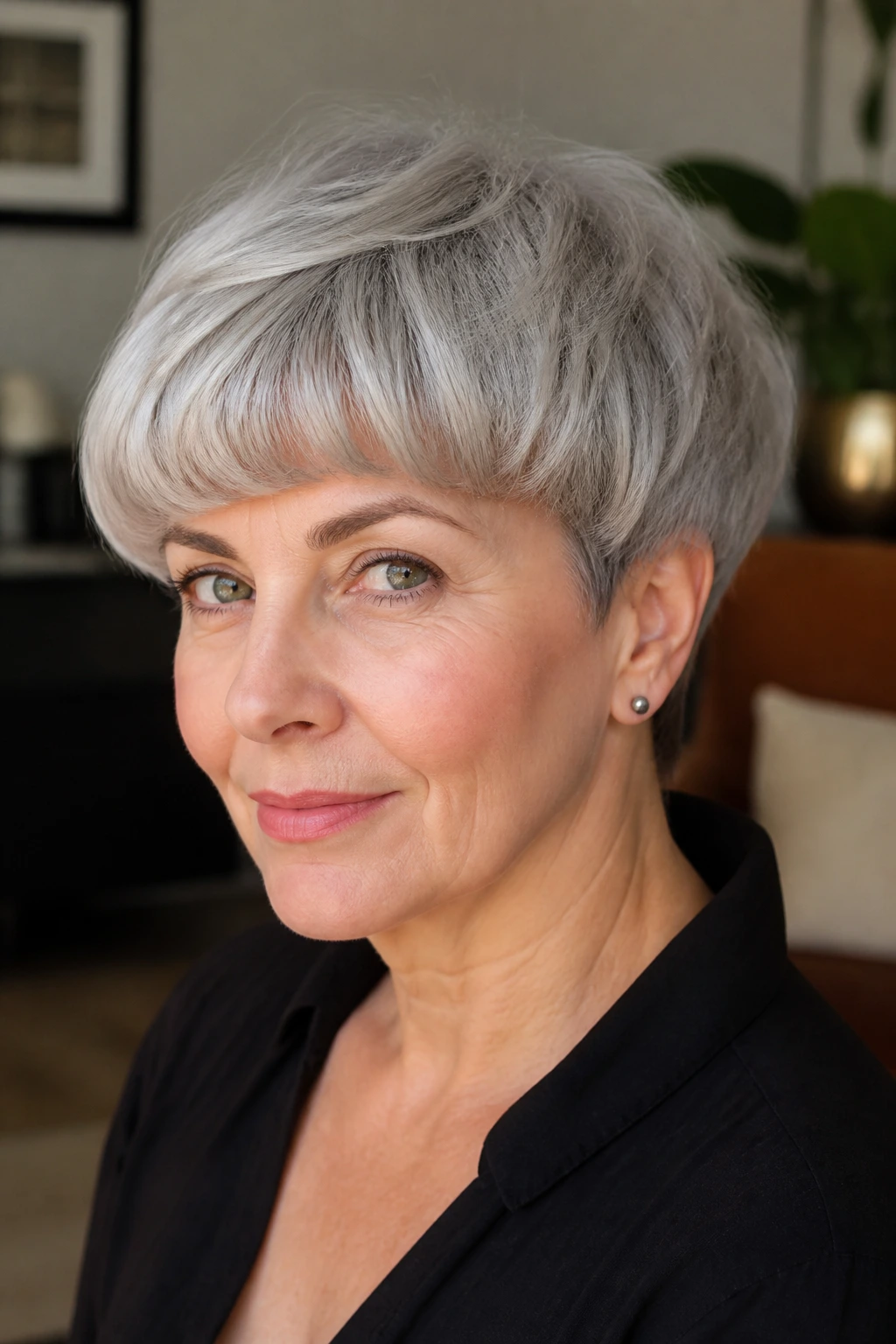 Close-up portrait of a real woman with curved bowlish crop and gray hair