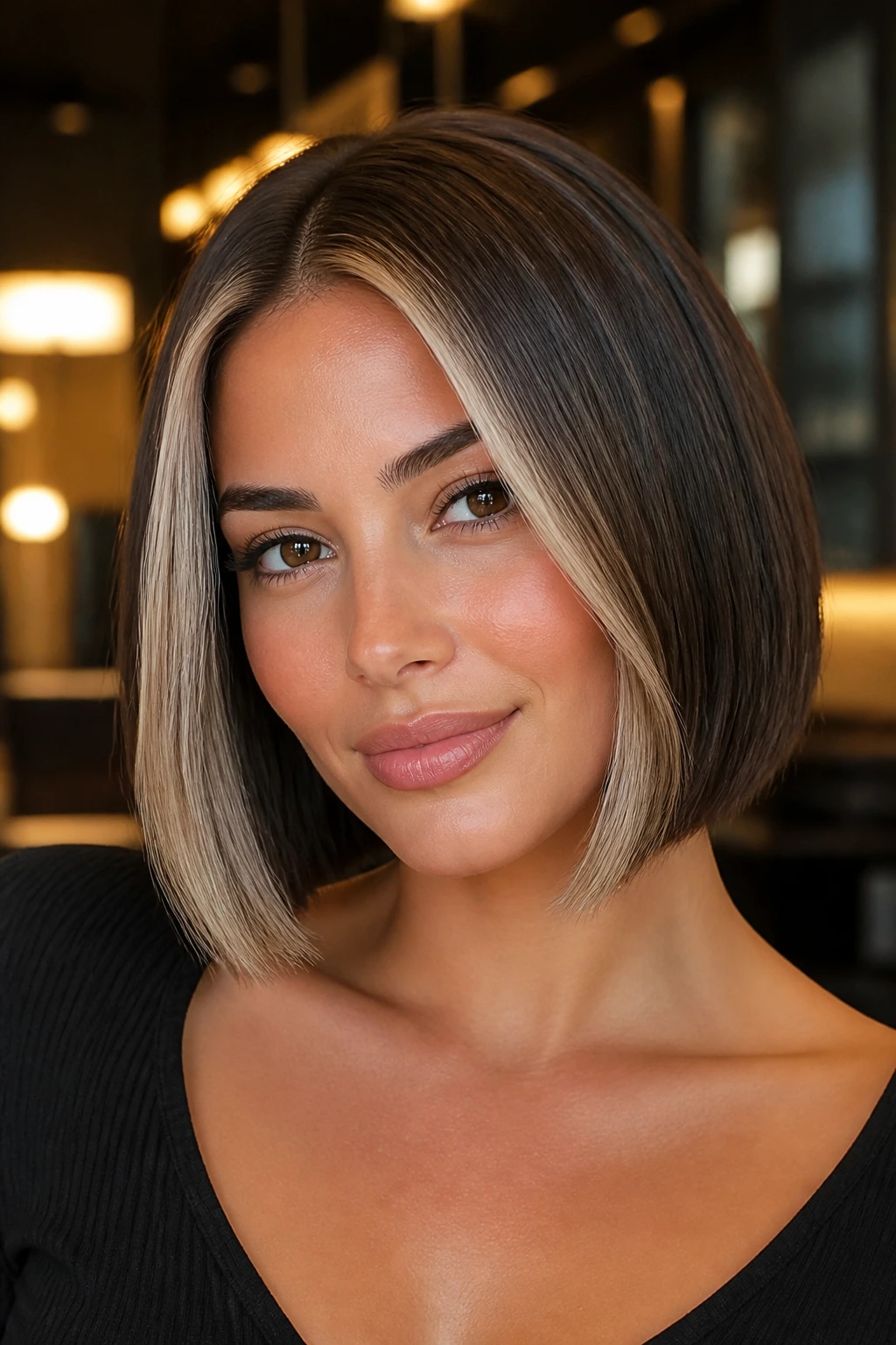 Close-up portrait of a real woman with a box bob and ash-beige highlights framing the cheeks.