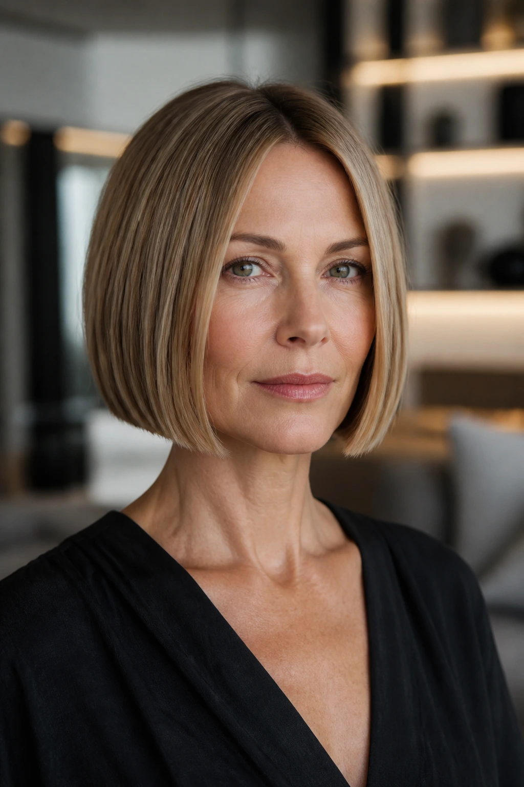 Real woman with a blunt square-edge box bob at chin length in a modern interior.