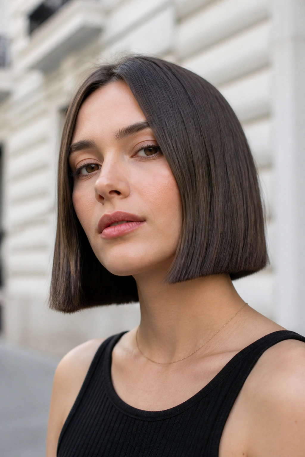 Real woman with blunt perimeter box bob under natural daylight