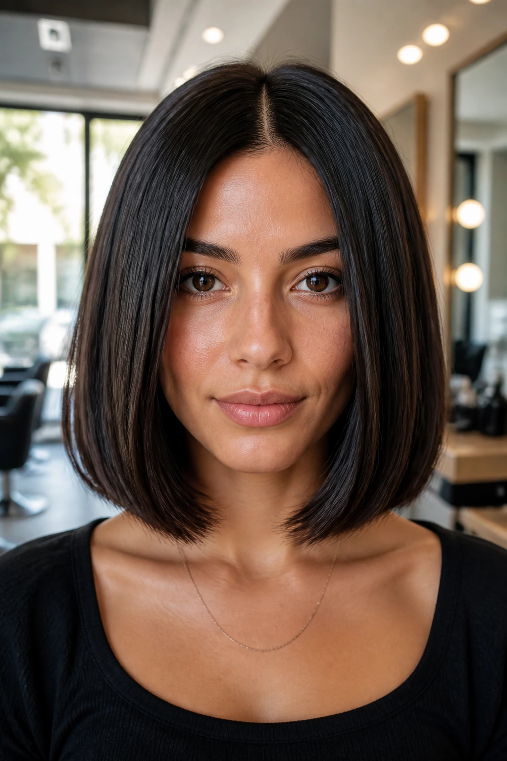 Close-up of real woman with a box bob center part and hidden layers in a modern salon