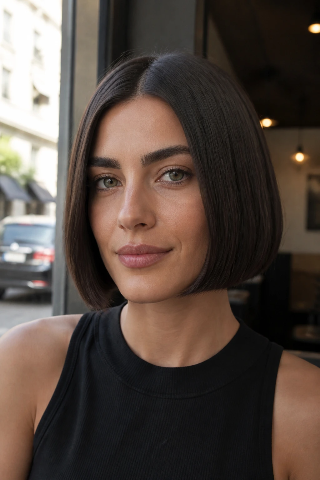 Close-up portrait of a woman with a box bob and center part in natural daylight