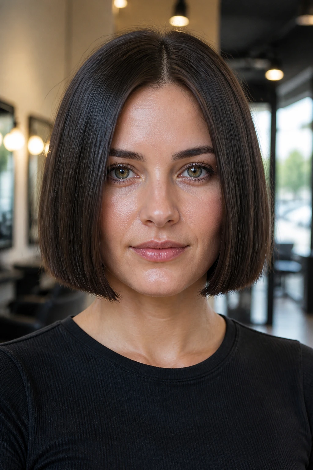 Front portrait of a real woman with a blunt box bob and clean edges