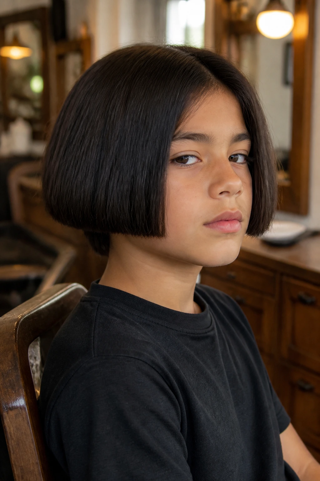 Close-up portrait of a real boy with a box bob showing crisp edges in a barbershop