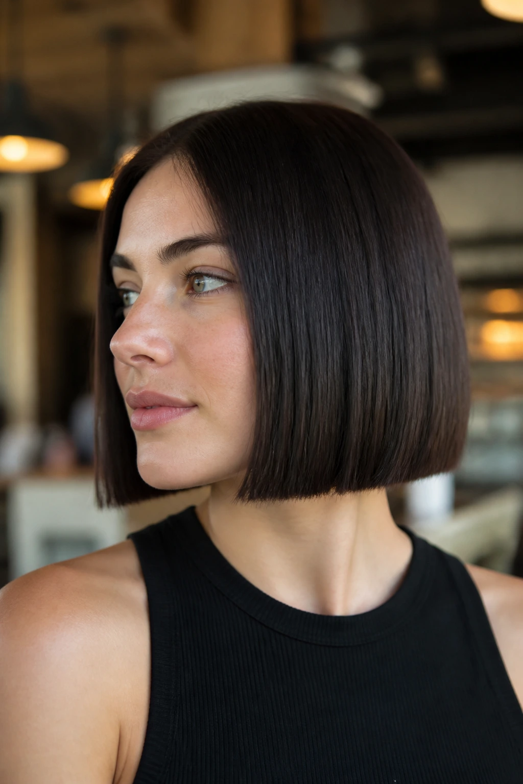 Close-up of a person with a jaw-length blunt box bob hairstyle