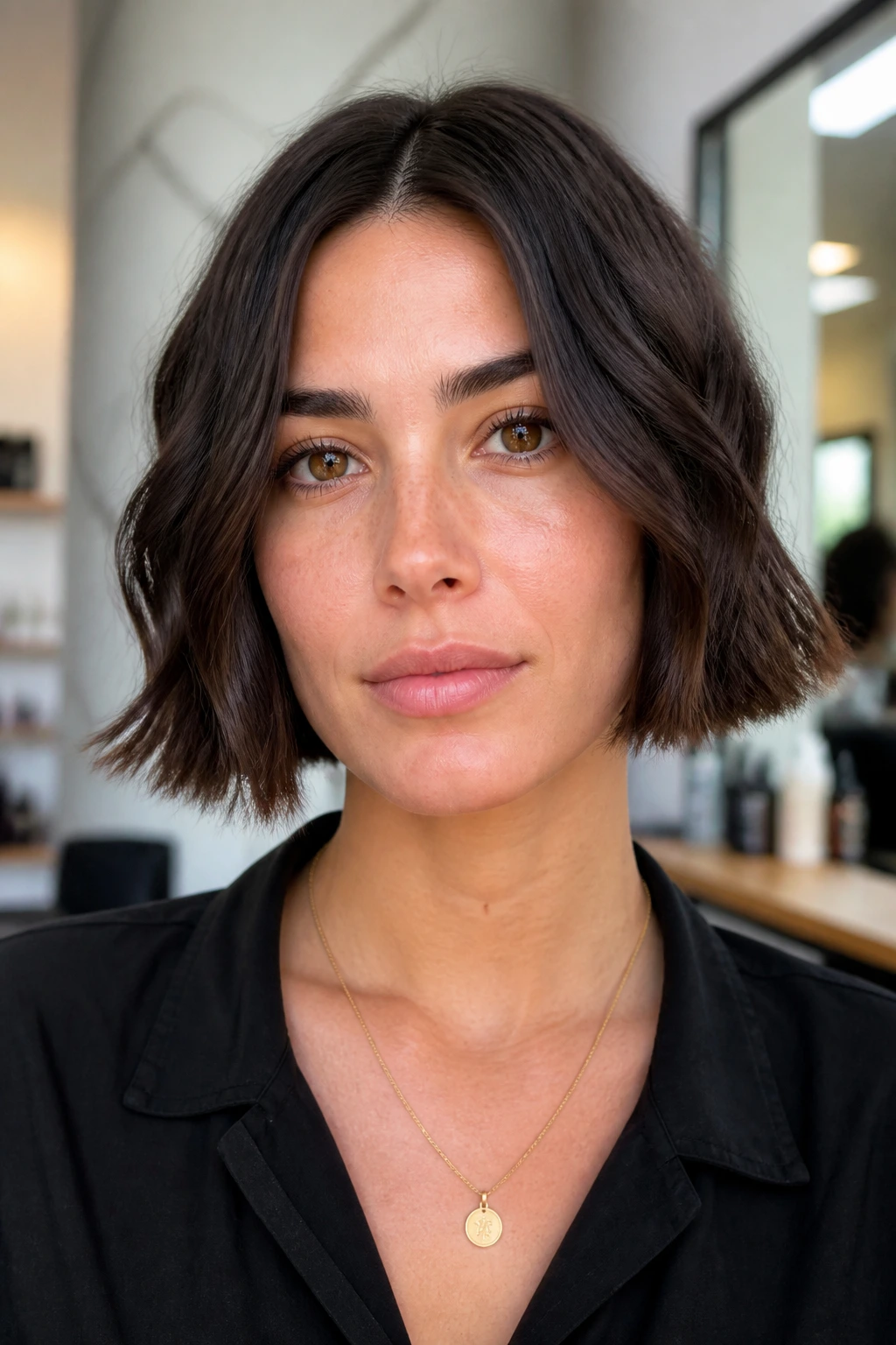 Real woman with jaw-skimming box bob showing crisp blunt edge